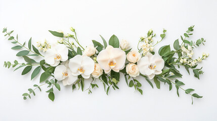 Obraz premium A lovely arrangement of white flowers and greenery, creating an elegant and fresh floral display on a light background.