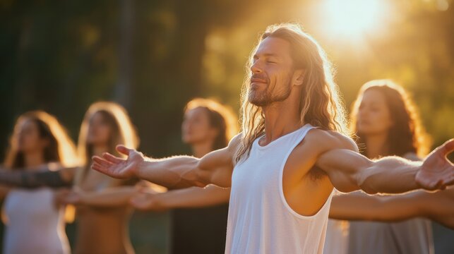 A spiritual guide leading a group in an exercise to balance their spiritual energy using breathwork and visualization techniques