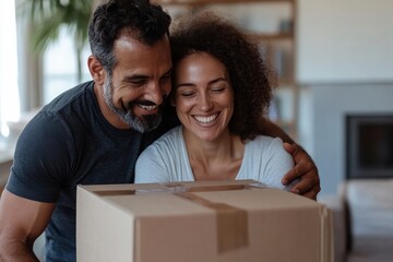 An affectionate couple embraces a package warmly, seated in a well-lit living room, expressing happiness, unity, and a shared domestic life.