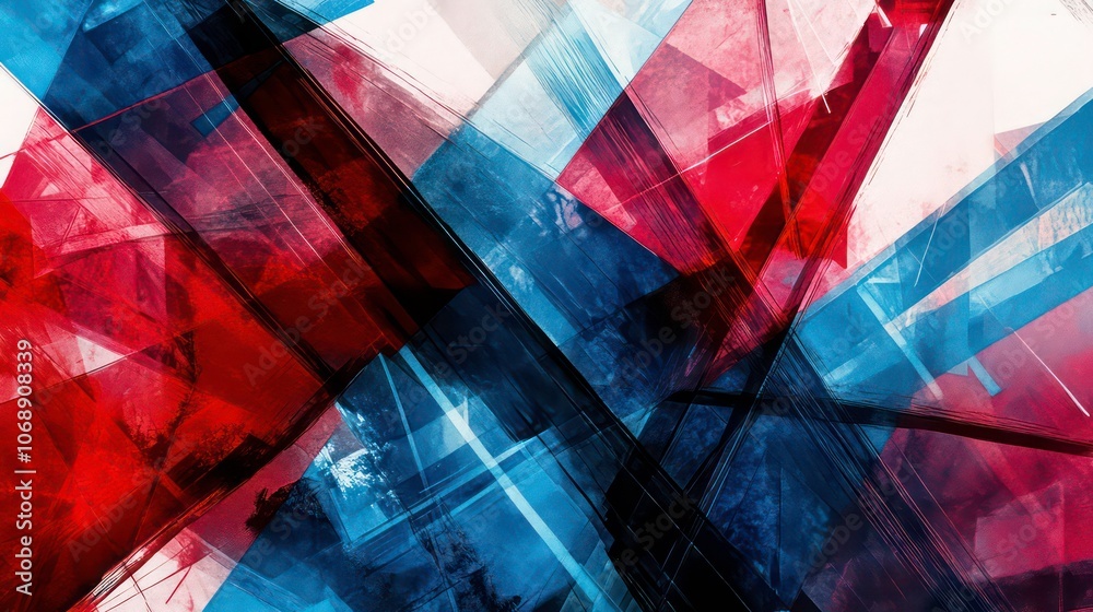 Poster abstract composition featuring dynamic shapes in red, blue, and black tones.