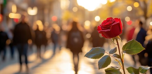 Red rose in focus on a busy urban street during sunset