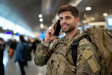 A young soldier dressed in military gear smiles while talking on a mobile device at an airport, symbolizing a journey, duty, and connection in a bustling terminal.