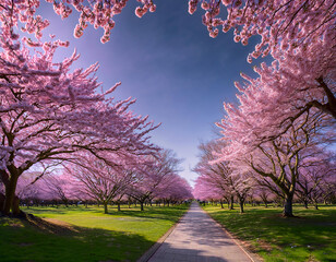 Obraz premium A picturesque path winds through a vibrant park adorned with blooming cherry trees under a clear blue sky