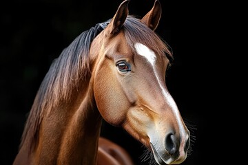 Fototapeta premium A brown horse with a white patch on its forehead and chest, in a close-up shot against a black background. The background also features the a photorealistic
