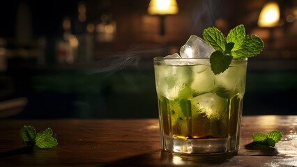 Cold and Refreshing Mint Julep with Fresh Mint Leaves Beautifully Served on the Bar Counter: Inviting Cocktail Experience
