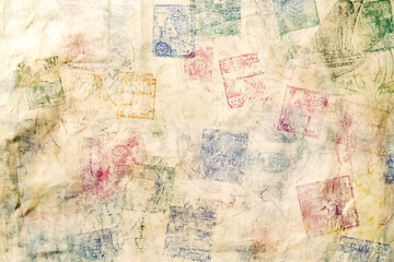 Fototapeta premium Background with various stamps in passport. Travel texture in the form of stamps in passport