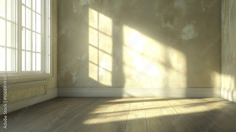 Fototapete Sunlight streams through a window, creating a warm and inviting atmosphere in an empty room.