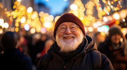 Obraz premium Smiling elderly man enjoys festive lights at winter market evening