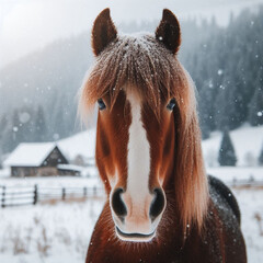 Serene Brown Horse in a Snowy Winter Wonderland
Charming scene of a tranquil brown horse standing elegantly in a breathtaking snowy winter landscape.