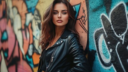 Naklejka premium An attractive woman in a stylish leather jacket, posing confidently against a graffiti-covered urban wall