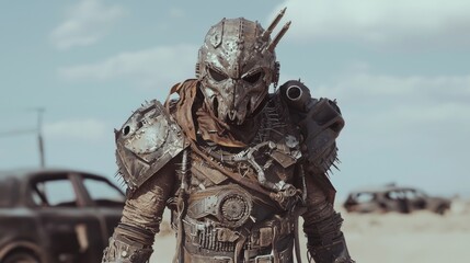 Resilient Scavenger in Post-Apocalyptic Dieselpunk World Amid Twisted Cars and Barren Land | Ultra-Detailed Portrait of Survivalist Warrior