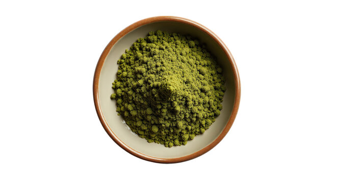 Ultra-realistic top view of Oregano spice in a cermet bowl on a plain transparent background. Smooth dried green leaves clearly visible, sharp contours, no shadows. Great for spice displays.