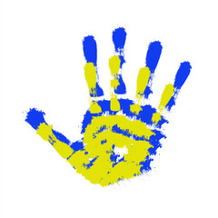 Two hands in the colors of the flag of Ukraine. Handprint with the image of the flag of Ukraine.