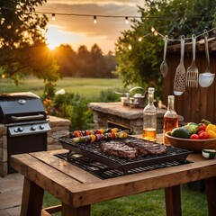 Barbecue Setup on a Rustic Patio with Garden and Sunset