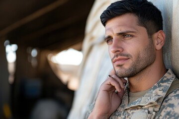 A soldier, deep in thought, sits in a sunlit tent with an earpiece, representing contemplation and strategic planning in a remote desert environment.