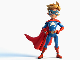 A fun cartoon illustration of a superhero boy in a red suit and mask