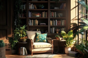 Cozy Reading Corner in Living Room with Wooden Bookshelf, Books, and Plants