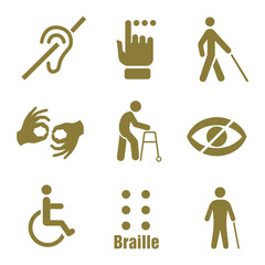 Icons of mental, physical, sensory, intellectual limitations. Disability icon set.
