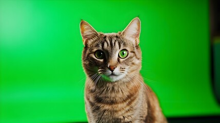 Obraz premium Portrait of a cat on a green background in the studio. Cat with green screen, chroma screen background image. Cat Studio photo, image . Concept for animal, zoology and capture for adverb. and banner