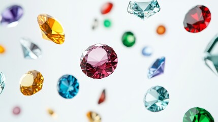 Colorful gemstones falling on a white background