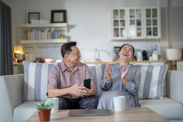 An elderly couple sits together in their cozy living room, smiling and enjoying a moment as they look at something on a smartphone. Their warmth and affection capture a peaceful home atmosphere.