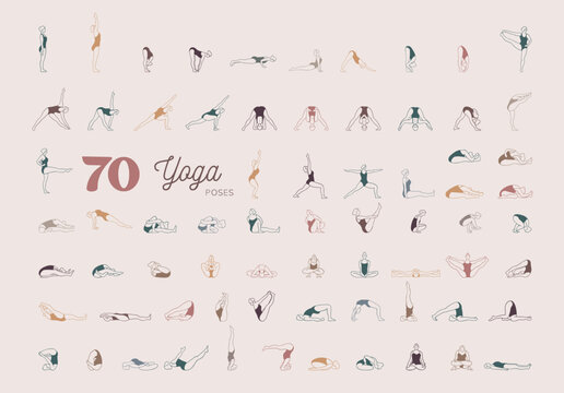 Yoga poses line drawing clipart set, 70 yoga meditation doodles bundle