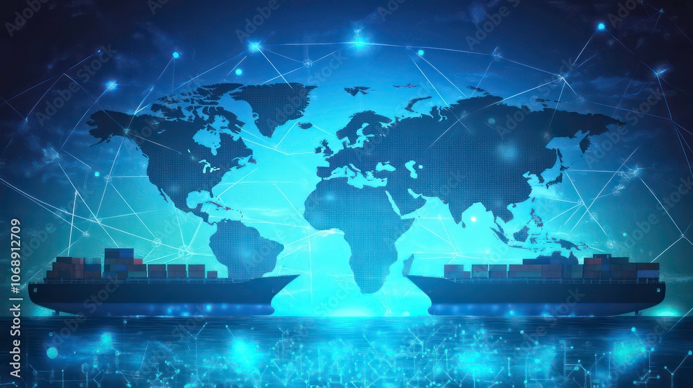 Poster A digital representation of global shipping and connectivity with a world map backdrop.