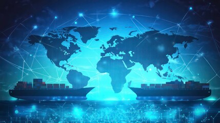 A digital representation of global shipping and connectivity with a world map backdrop.