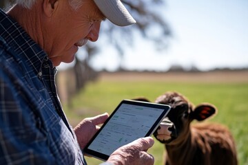 In a sunny field, an elderly man smiles as he views a tablet, while a young calf observes, capturing the blend of tradition and technology in farming.
