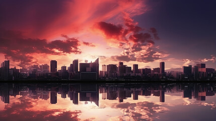 Fototapeta premium Stunning Urban Sunset Reflection Over Water
