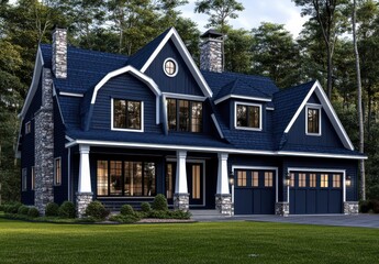 Obraz premium 3D rendering of luxury modern farmhouse with navy roof and stone accents
