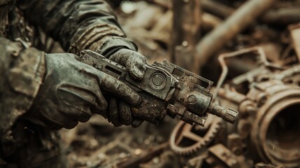 Survival Instincts in a Post-Apocalyptic World: Gritty Close-up of Scavenger's Hands with Makeshift Weapon Amid Debris and Rusty Machinery