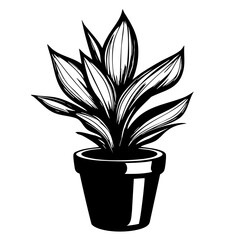 Illustration of a stylized potted plant featuring elongated leaves, captured in a minimalist black and white design showcasing nature's beauty