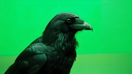Fototapeta premium portrait of a black crow on a green background in the studio. Crow with green screen, chroma screen background image 