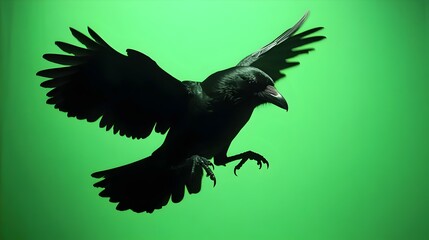 Obraz premium portrait of a black crow on a green background in the studio. Crow with green screen, chroma screen background image 