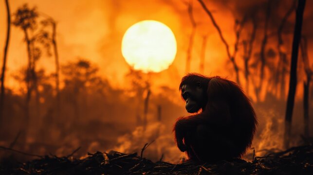Orangutan in Fiery Sunset Amidst Forest Destruction