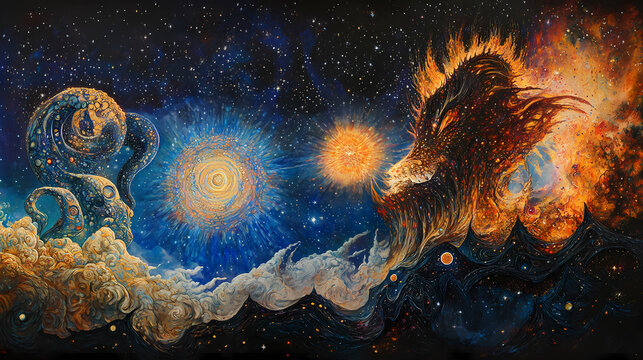 Ethereal entities of cosmic serenity and astral fury locked in an eternal struggle amidst the ever-expanding tapestry of the universe's fabric. Cosmic. Illustration