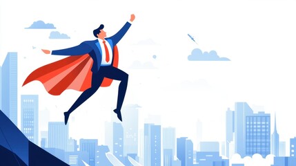 Obraz premium Businessman in Superhero Pose Above Cityscape