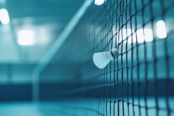Close-up of shuttlecock on badminton net in blue tone