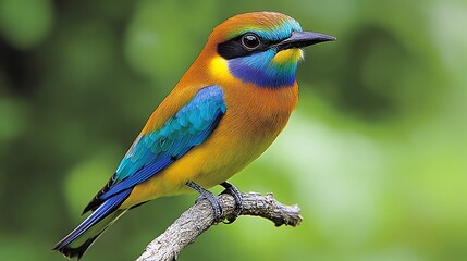 Obraz premium Colorful Bird Perched on Branch in Green Forest