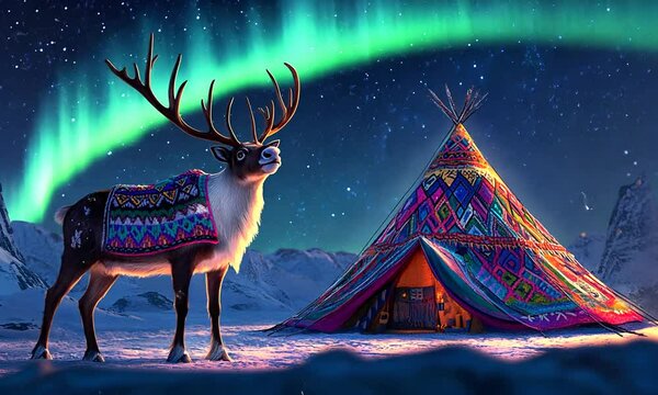 Majestic Reindeer under Northern Lights with Vibrant Teepee in Snow-Covered Northern Wilderness