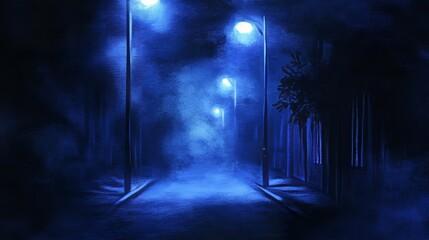 Empty dark street with spotlights and blue tones, studio-like texture with floating smoke; an isolated night view. -