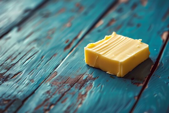 Piece of butter on a blue wooden table