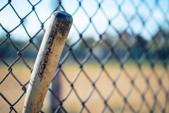Close-up of dirty baseball bat against chain link fence - Powered by Adobe