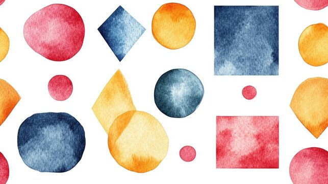 Colorful seamless pattern featuring four watercolor geometric shapes square circle rectangle and triangle on a clean white background
