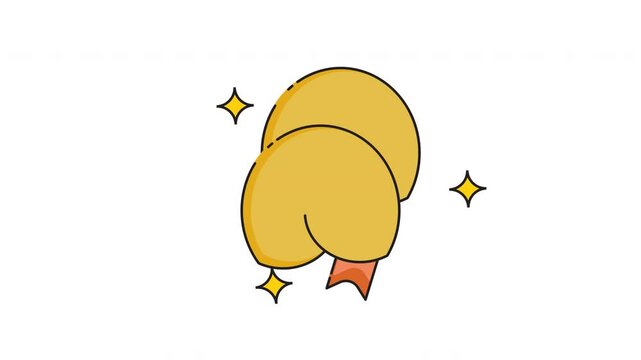 Illustrated fortune cookie with a slip of paper emerging, surrounded by sparkle icons on a white background. The design features a minimalist, cartoon style, emphasizing the cookie's golden color and 