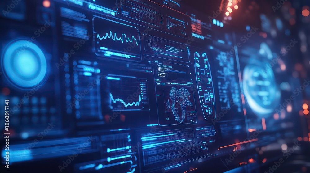 Poster A futuristic interface displaying data analytics and digital information.