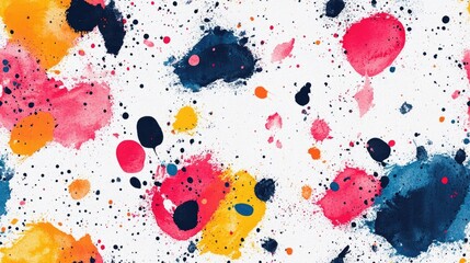 Seamless pattern of vibrant abstract paint splashes with organic shapes on white watercolor paper ideal for artistic textiles and decor