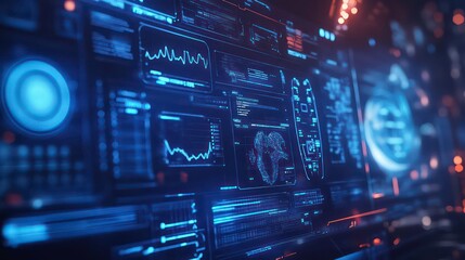 A futuristic interface displaying data analytics and digital information.