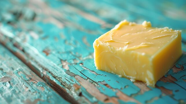 Piece of butter on a blue wooden table